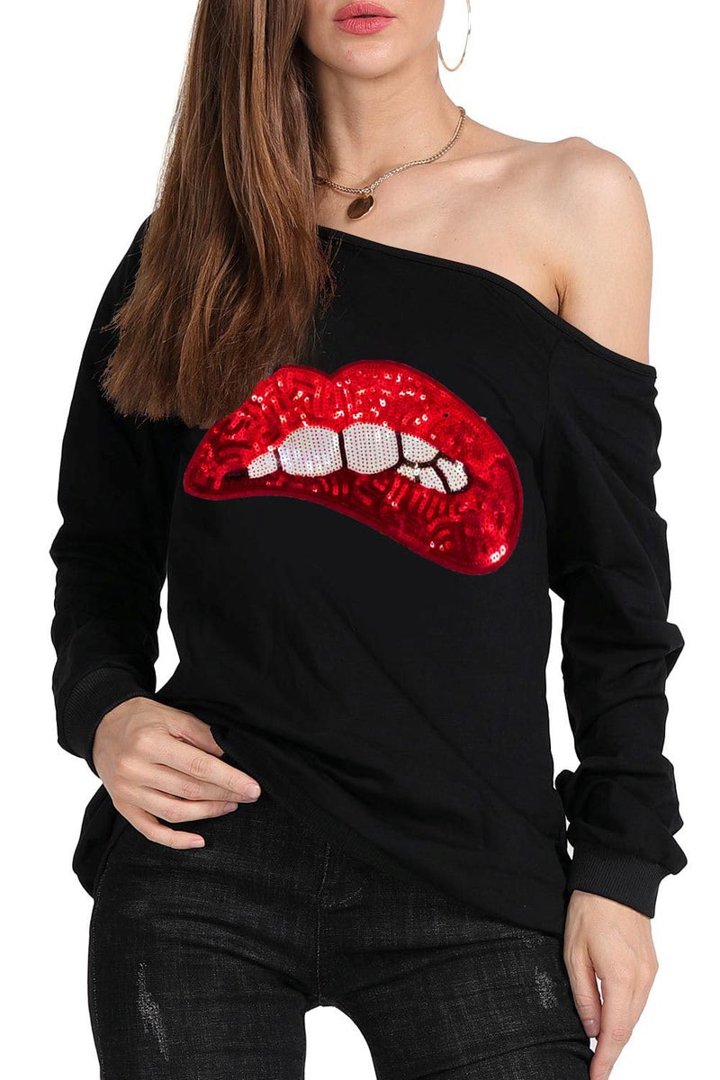 MAGICMK Womanâ€™s Sweatershirt Lips Print Causal Blouse Off The Shoulder Long Sleeve Loose Slouchy Pullover Plus Size Topsâ€¦(XL) - Image 2